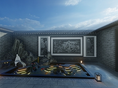 中式新中式别墅庭院 水景 假山 影壁墙 大门