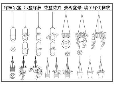 现代绿植 吊篮吊盆 绿萝绿植 花卉花盆 盆栽盆景 景观植物 施工图