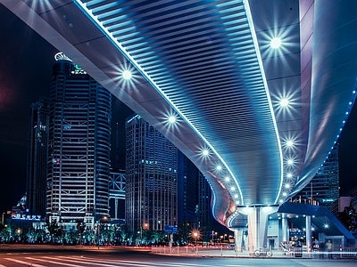 现代街道外景 高架桥下夜景