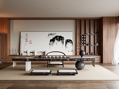 新中式中古茶室 茶桌椅 茶室背景