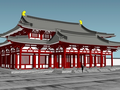 中式复古古建筑 唐朝建筑 唐代双层歇山顶 唐朝庙殿 红色古建