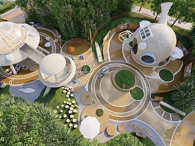 现代新中式儿童游乐空间 现代森林主题儿童 原木主题乐园 蘑菇主题构架 儿童乐园