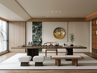 现代新中式茶室 茶桌椅 矮凳 长凳 茶室背景 茶具