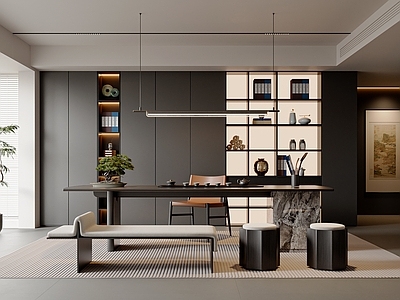 现代新中式茶室 意式茶室 茶桌椅组合 吊灯 茶室摆件 茶室柜