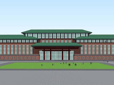中式复古学校建筑 学院派教学楼 学院派综合楼 红墙绿瓦校园建筑 大学学校建筑