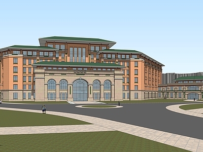 现代复古学校建筑 学院派综合楼 学校行政楼 复古学校建筑 红墙绿瓦学校建筑
