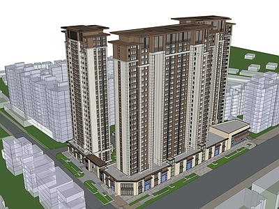 现代新中式小区建筑 现代中式小区建筑 住宅建筑 小区建筑