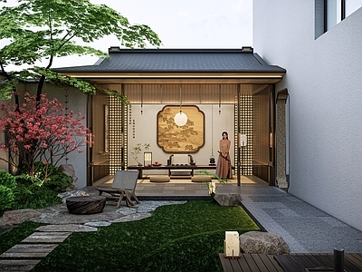 新中式中古庭院小品 庭院景观 景观植物 庭院水景 宋氏庭院 中古侘寂