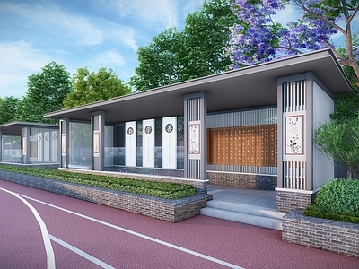 中式新中式教育校园景观 新中式校园景观 中式文化连廊 校园文化