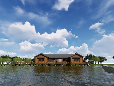 新中式中式木屋 古建筑 水中木屋 餐厅