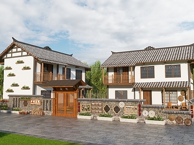 现代新中式乡村庭院 农家乐民房院落 乡村民居庭院 民宿小院落 民俗文化墙 民宿院落