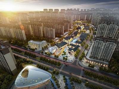 中式商业街 中式商业内街 国际化大社区 内街黄昏半鸟瞰 立体社区花园 活力社区