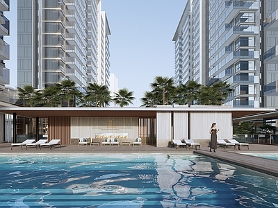 现代小区景观 三亚亚沙住宅泳池 景观泳池 水景景观 连廊廊架 会客厅微客厅
