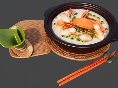 现代其他摆件 砂锅海鲜蟹肉 营养粥