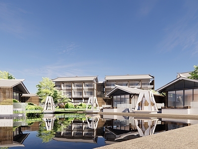 现代新中式民宿建筑 平地民宿建筑 滨水民宿建筑