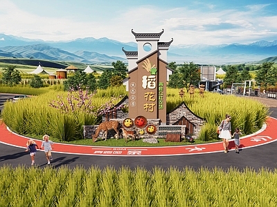 现代新中式景墙 稻田农场景观大门 乡村水稻田园农场 水稻农业田园农场 田园农场入口形象 水稻田园农耕景观