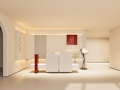 奶油侘寂美妆店 前台接待 美容院背景墙 现代背景墙 吧台背景墙 美容院前厅