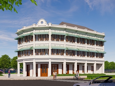 复古商业街 骑楼风格建筑 复古多层商业楼 岭南风格建筑 民国风建筑