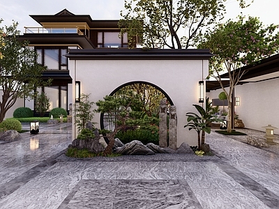 新中式中古别墅庭院 自建别墅庭院 别墅庭院景观