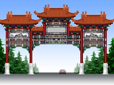 仿古建筑 牌坊 古建大门 古建门头 四柱五楼 仿古牌楼 施工图