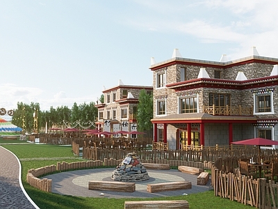 现代民宿建筑 藏式民宿建筑 乡村农家乐 藏式露营式庭院 篝火露营庭院 度假村建筑
