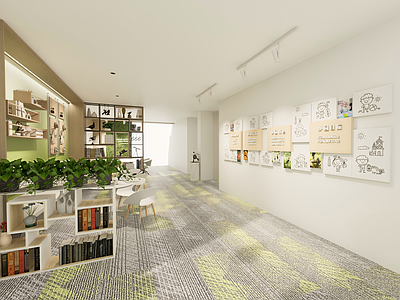 现代原木办公走廊 教师走廊 幼儿园 展示墙 茶水间 会谈区