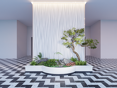 现代新中式庭院小品 现代松树 造型松石头 植物组景景观石 庭院小品石头 禅意庭院景观