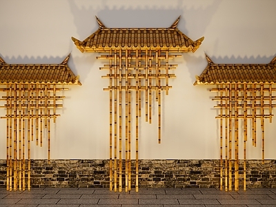 现代其他景观小品 竹制屋檐装置小品 竹屋檐雕塑 竹艺雕塑小品 墙壁装饰小品