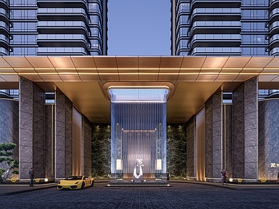 现代轻奢入口大门 三亚亚沙村 精奢住宅入口 前场门楼 酒店式 水景雕塑