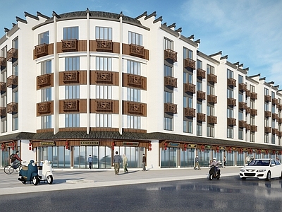 新中式中式商场建筑 转角商业 中式立面 传统风格