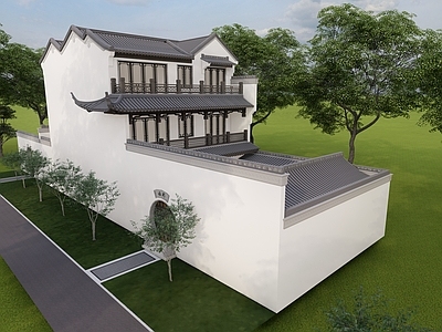 中式新中式独栋别墅 古建筑 中式园林景观合院 三层带院子斜顶 独栋别墅