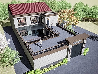 新中式现代乡村民房 自建房 乡村建筑 建筑景观 庭院