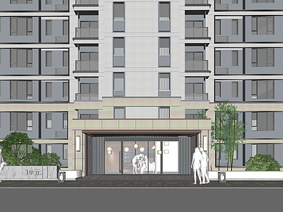 现代新中式小区建筑 洋房门头