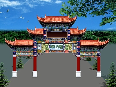仿古建筑 牌坊 古建门头 古建大门 四柱五楼 仿古门楼 施工图
