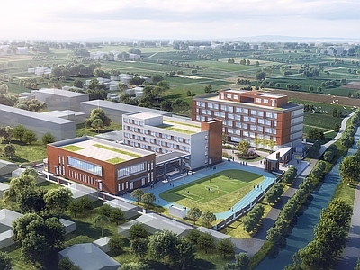 现代学校建筑 学校湖景 学校操场 教学楼学校 九年一贯制学校 小学