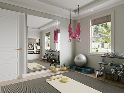 美式复古健身房 美式居家健身房 美式瑜伽房 瑜伽垫 美式门 健身器材