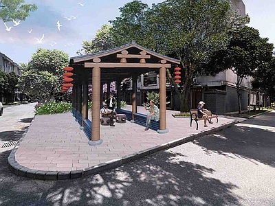 新中式现代廊架空间 老小区 小广场 宣传栏 健身广场