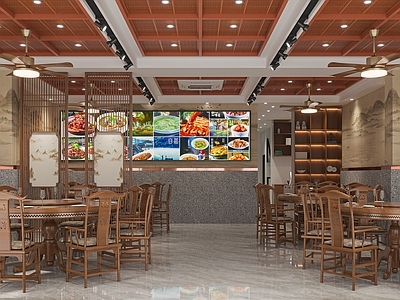 现代新中式中餐厅 现代新中式湘菜馆 餐馆点菜广告牌 现代餐厅吊扇灯 新中式餐馆餐桌椅 餐馆轨道射灯