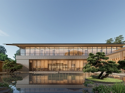 新中式原木小公建 新中式酒店 酒店大堂 宴会厅 庭院水景