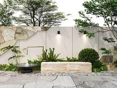 现代日式庭院小品 现代庭院花园小品 现代水景景墙 现代水钵小品 跌水景墙 红枫蕨类植物