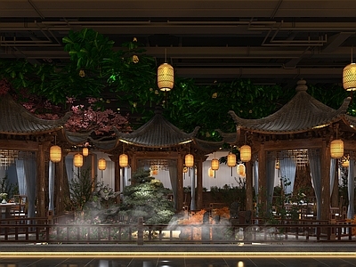 中式中餐厅 中式庭院式餐厅 特色餐厅 六角亭 室内庭院景观