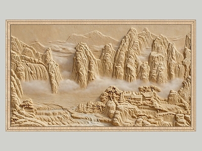 中式美式浮雕 2D砂岩浮雕 玻璃钢浮雕 背景墙壁画 山水风景画 石雕图案贴图