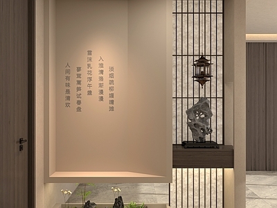 中式隔断 玄关隔断 绿植背景