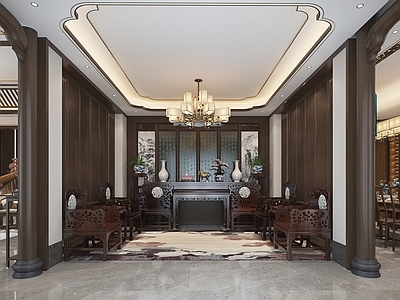 中式客餐厅 别墅客餐厅 中堂 餐桌椅 沙发茶几组合