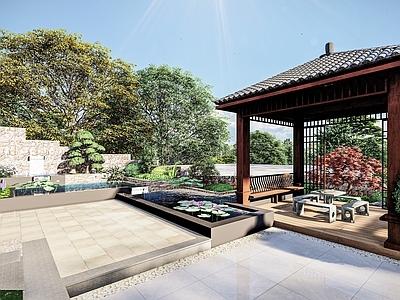 现代别墅庭院 现代庭院 亭子 叠水