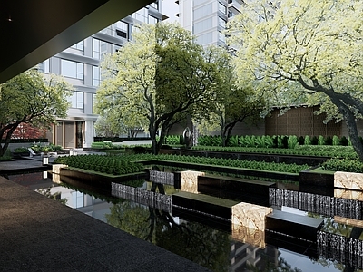 简约现代小区景观 豪宅水院景观设计 苏州新棠玥景观 入口水院景观设计 特色景观水景设计 森系景观居住大区