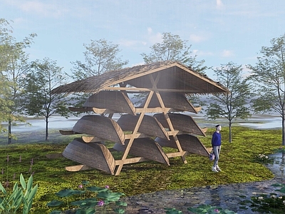 现代新中式其他景观小建筑 船 复古木船 船坞 船架 皮划艇架