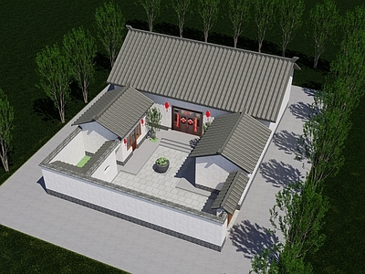 新中式中式乡村民房 一层中式庭院 三合院 自建房