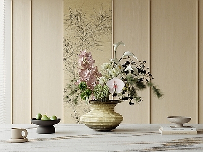 现代摆件组合 餐桌摆件 花艺 花瓶 水果