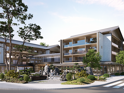 现代新中式酒店建筑 商业街区 康养建筑